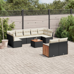 10 Pcs conjunto sofás de jardim c/ almofadões vime PE preto