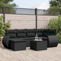 7 Pcs conjunto de sofás p/ jardim c/ almofadões vime PE preto