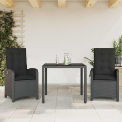 3 Pcs conjunto de jantar p/ jardim c/ almofadões vime PE preto