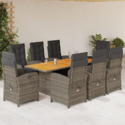 9 Pcs conjunto de jantar p/ jardim c/ almofadões vime PE cinza