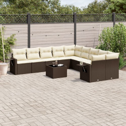 11 Pcs conjunto sofás de jardim c/ almofadões vime PE castanho