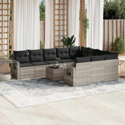 11 Pcs conjunto sofás de jardim c/ almofadões vime PE cinzento