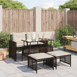 4Pcs conj. sofás de jardim c/ almofadões vime PE/vidro castanho