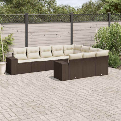 10 Pcs conj. sofás jardim com almofadões vime PE castanho