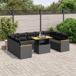 10 Pcs conjunto sofás de jardim c/ almofadões vime PE preto