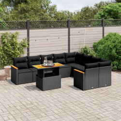 10 Pcs conjunto sofás de jardim c/ almofadões vime PE preto