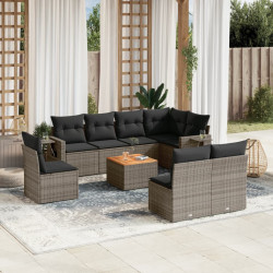 9 Pcs conjunto sofás p/ jardim com almofadões vime PE cinzento