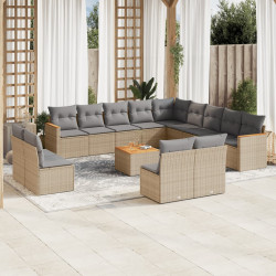 14 Pcs conj. sofás jardim c/ almofadões vime PE bege misturado