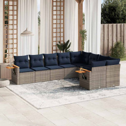 9 Pcs conjunto sofás p/ jardim c/ almofadões vime PE cinzento