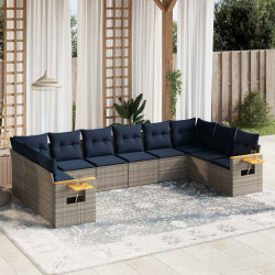 10 Pcs conjunto sofás p/ jardim c/ almofadões vime PE cinzento