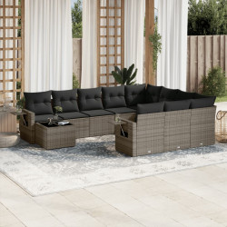 11 Pcs conjunto sofás de jardim c/ almofadões vime PE cinzento