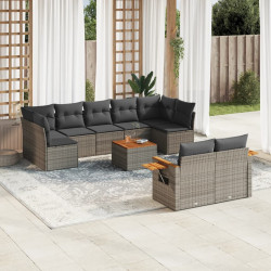 10 Pcs conjunto sofás de jardim c/ almofadões vime PE cinzento
