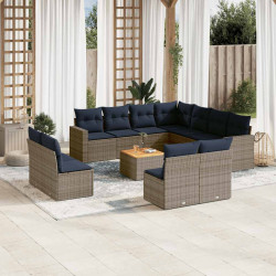 12 Pcs conjunto sofás p/ jardim c/ almofadões vime PE cinzento