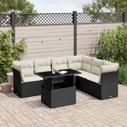 7 Pcs conjunto de sofás p/ jardim c/ almofadões vime PE preto