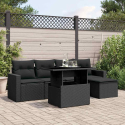 6 Pcs conjunto sofás de jardim c/ almofadões vime PE preto