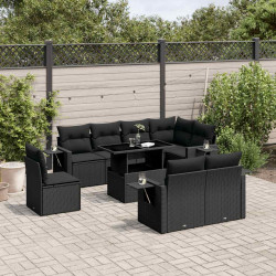 9 Pcs conjunto de sofás p/ jardim c/ almofadões vime PE preto