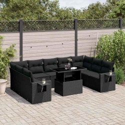 10 Pcs conjunto sofás de jardim c/ almofadões vime PE preto