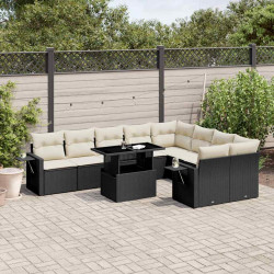 10 Pcs conjunto sofás de jardim c/ almofadões vime PE preto