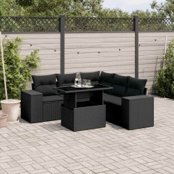 6 Pcs conjunto sofás de jardim c/ almofadões vime PE preto