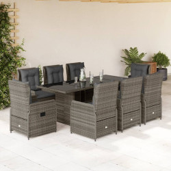 9 Pcs conjunto de jantar p/ jardim c/ almofadões vime PE cinza