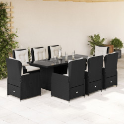 9 Pcs conjunto de jantar p/ jardim c/ almofadões vime PE preto