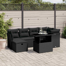 7 Pcs conjunto de sofás p/ jardim c/ almofadões vime PE preto