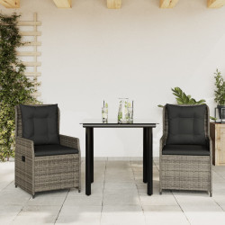 3 Pcs conjunto de jantar p/ jardim c/ almofadões vime PE cinza
