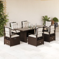 7 Pcs conjunto jantar p/ jardim c/ almofadões vime PE castanho