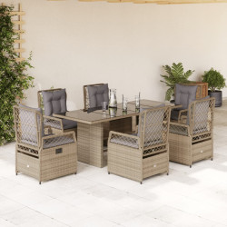 7 Pcs conjunto de jantar p/ jardim com almofadões vime PE bege