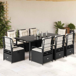9 Pcs conjunto de jantar p/ jardim c/ almofadões vime PE preto
