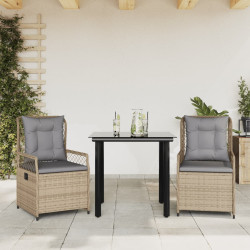 3 Pcs conjunto de jantar p/ jardim com almofadões vime PE bege