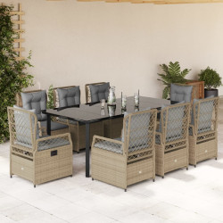9 Pcs conjunto de jantar p/ jardim com almofadões vime PE bege
