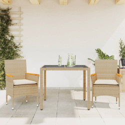 3 Pcs conjunto jantar jardim com almofadões vime PE/vidro bege