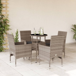 5 Pcs conjunto jantar jardim c/ almofadões vime PE/vidro cinza