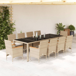 11 Pcs conjunto jantar jardim com almofadões vime PE/vidro bege