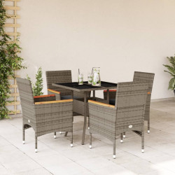 5 Pcs conjunto jantar jardim c/ almofadões vime PE/vidro cinza