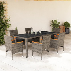 7 Pcs conjunto jantar jardim c/ almofadões vime PE/vidro cinza