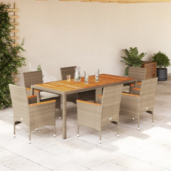 7 Pcs conjunto jantar jardim c/ almofadões vime PE/acácia bege