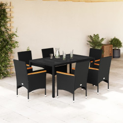 7 Pcs conjunto jantar jardim c/almofadões vime PE/vidro preto