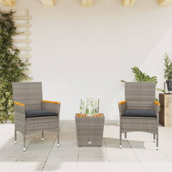 3 Pcs conjunto de bistrô com almofadões vime PE/vidro cinza