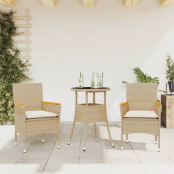 3 Pcs conjunto jantar jardim com almofadões vime PE/vidro bege