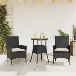 3 Pcs conjunto jantar jardim c/ almofadões vime PE/acácia preto
