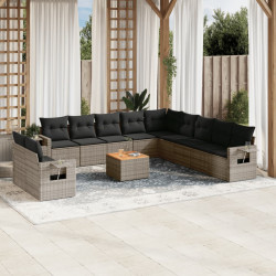 12 Pcs conjunto de sofás jardim c/ almofadões vime PE cinzento
