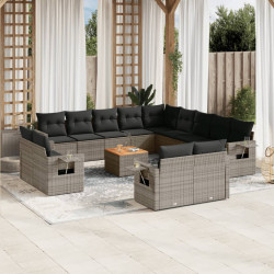 14 Pcs conjunto sofás p/ jardim c/ almofadões vime PE cinzento