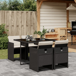 5 Pcs conjunto de jantar p/ jardim c/ almofadões vime PE preto