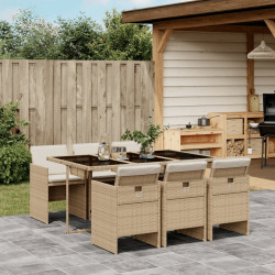 7 Pcs conjunto de jantar p/ jardim com almofadões vime PE bege