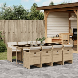 9 Pcs conjunto de jantar p/ jardim com almofadões vime PE bege
