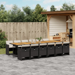 13 Pcs conjunto de jantar p/jardim com almofadões vime PE preto