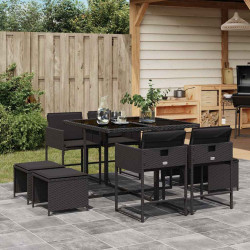 9 Pcs conjunto de jantar p/ jardim c/ almofadões vime PE preto