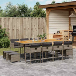 13 Pcs conjunto jantar p/ jardim c/ almofadões vime PE cinzento